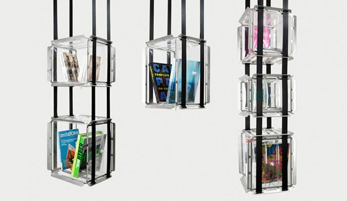 Bibliotheque suspendue design pour l'espace culturel Louis Vuitton